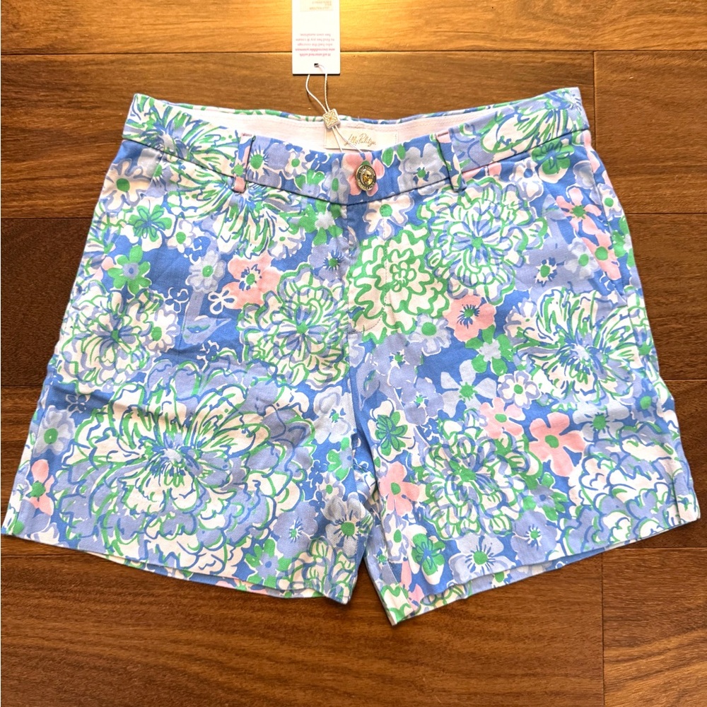 Lilly Pulitzer Blue and Green Linen Shorts Vibrant Floral Design